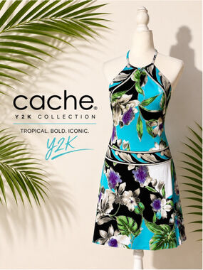 Cache Y2K Tropical Halter Mini Dress Small Aqua Floral Bodycon Resort Dress